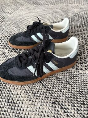 adidas Samba Black with Light Blue Stripes and Gum Sole - Low Top Sneakers